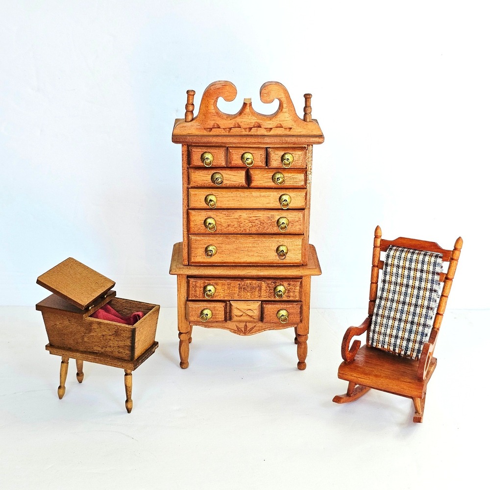 Vtg Wood Dollhouse Furniture‎ Set Highboy Dresser Rocker Basinet Miniature Decor